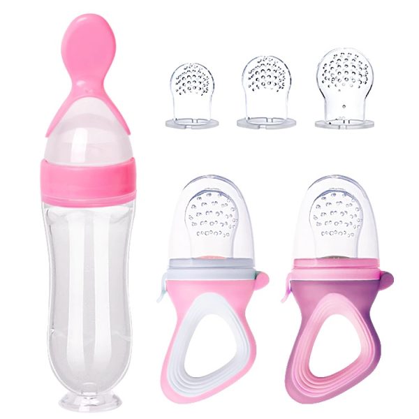 Set 9 piese distribuire a alimentelor pentru bebelusi, 1 Lingurita de silicon cu rezervor, 2X Suzeta pentru fructe cu tetina inclusa, 6 Tetine, 4Luni+, Roz