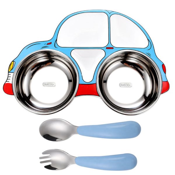 Set hranire bebelusi si copii, bebeLOGIC™, farfurie compartimentata, tacamuri lingura si furculita, masina, inox