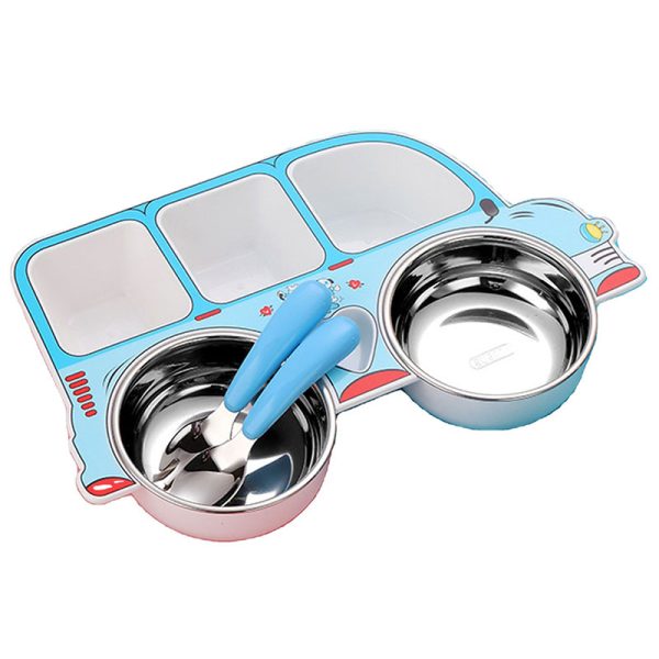 Set hranire bebelusi si copii, bebeLOGIC™, farfurie compartimentata, tacamuri lingura si furculita, autobuz, inox