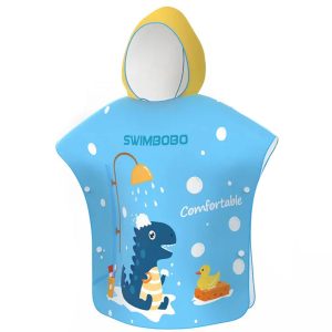 Prosop poncho de plaja din microfibra, super absorbant, uscare rapida, ultra compact, potrivit pentru inot copii 5 - 12 ani, model dinozaur, albastru, bebeLOGIC™