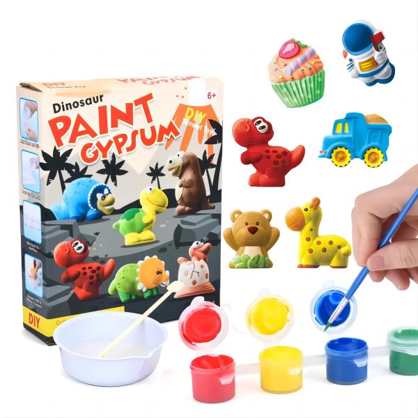 Set pictura si mulaj cu 6 figurine din ipsos de colorat, Dinozauri, cu 6 culori, tavita si instructiuni, pentru fete sau baieti, copii de la 3 ani, bebeLOGIC™