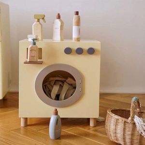 Mașină spălat rufe din lemn natural pentru copii, bebeLOGIC, experiență realistă, 1-7 ani
