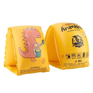 Aripioare inot pentru copii, gonflabile, compartiment de aer dublu, 10 - 30 kg, Model Dinozaur, bebeLOGIC™ - Roz